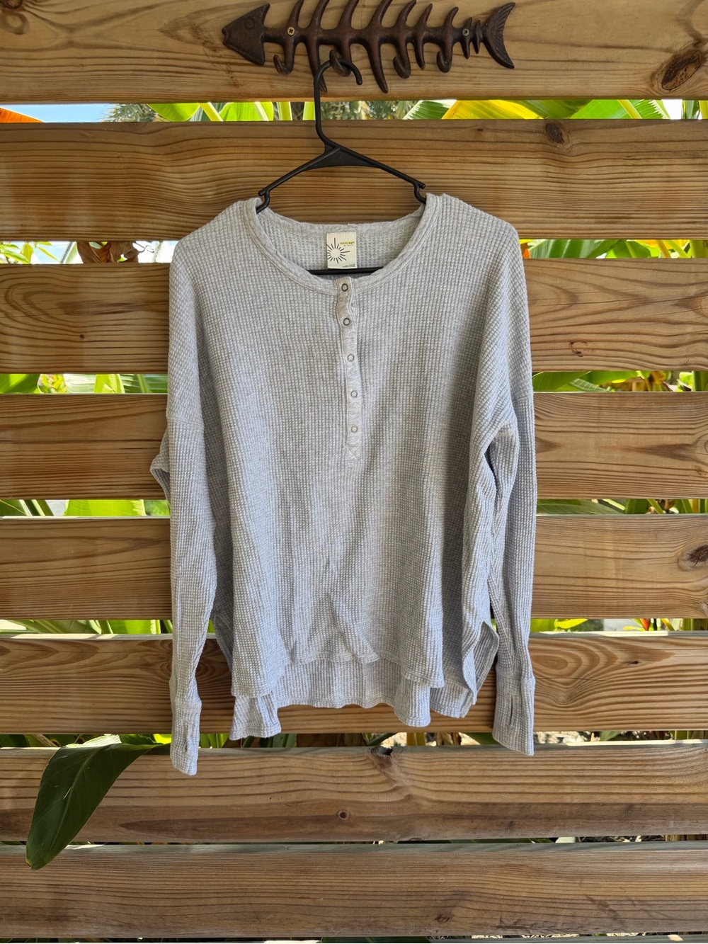 aerie Light Gray Waffle Knit Henley Crew